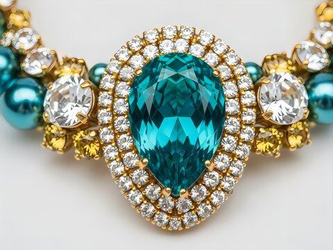 Gold necklace with large teal gemstone and diamonds on transparent background
