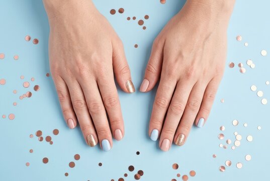 Beautiful Female Hands with Colorful Pastel Manicure and Gold Glitter on Blue Background with Confetti