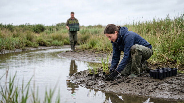 Wetland worker plants seedlings along a Moldova flood channel