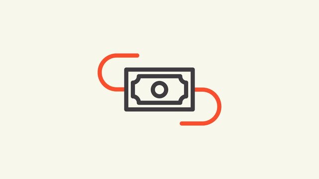 Simple minimalist black paper currency banknote outline with orange curved arrow graphic, suitable for financial icon design or presentation material.