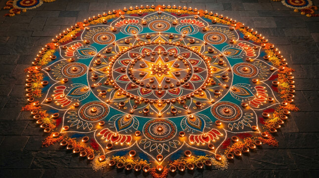 Intricate circular mandala artwork featuring vibrant colors and symmetrical geometric patterns on a dark textured background