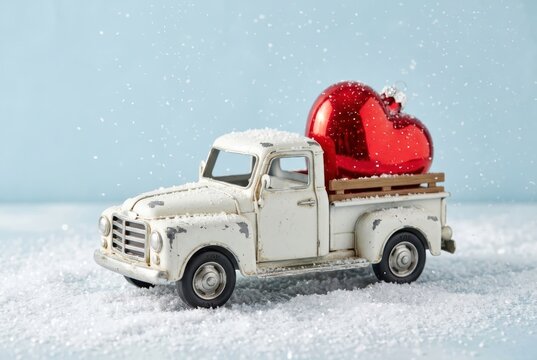 Vintage White Toy Pickup Truck Carrying a Large Red Heart Ornament in a Snowy Winter Scene for Valentine's Day