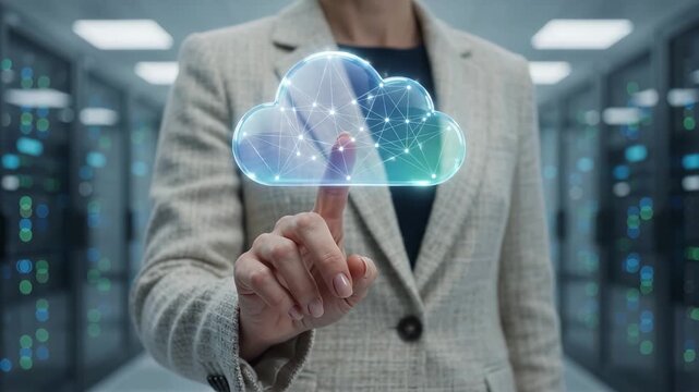 Cloud computing and data storage network in a modern datacenter. Digital information technology with a finger touching a virtual interface. Business connectivity, online security, and server