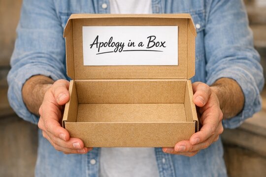 A person apologizing with a gift