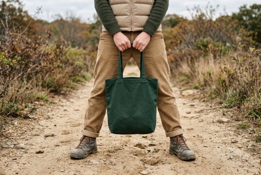 Man Holding Blank Green Canvas Tote Bag on a Dirt Path in Nature for Eco-Friendly Lifestyle Mockup