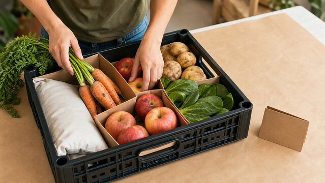Hands Packing Fresh Organic Vegetables and Fruits in Delivery Box