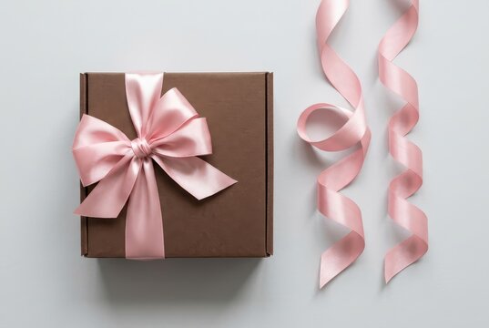 Elegant Brown Gift Box with Pink Satin Ribbon Bow and Decorative Ribbons on Light Background for Special Occasions