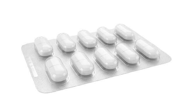 White oval pills in silver blister pack for pharmaceutical and medical treatment.