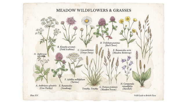 Hand-drawn botanical illustration of wild meadow flowers and grasses in vintage scientific style