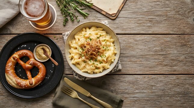 Vegan gastropub lunch spread fla on neutral table with soft lighting