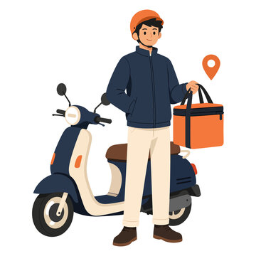 Male delivery worker standing with scooter and delivery bag vector illustration