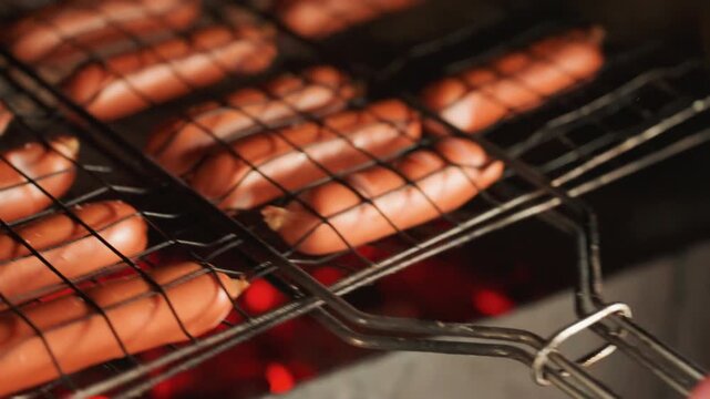 Tight low-angle close-up of multiple sausages arranged on metal grilling racks above glowing charcoal embers, with visible browning, sizzling heat, smoky glow, and rustic barbecue texture