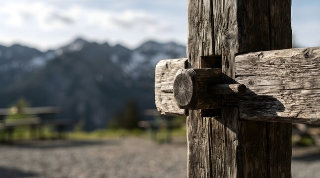 Wooden mortise and tenon joint on clean surface with copy space