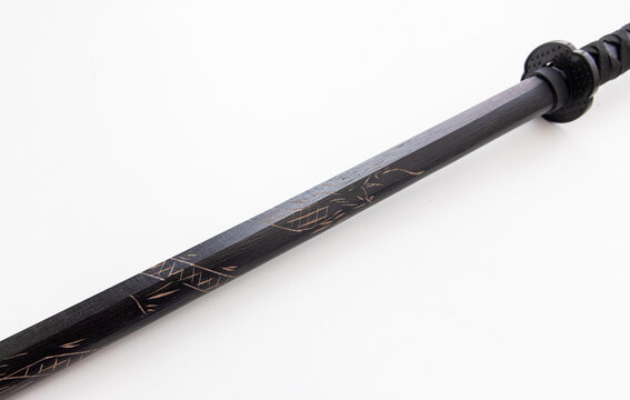 Black Wooden Katana Training Sword with Detailed Carved Patterns on Blade