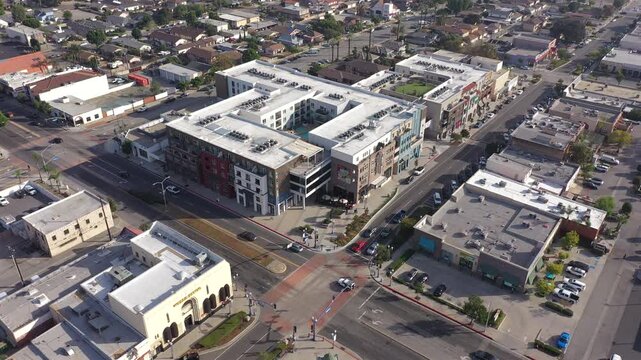 Afternoon aerial view of the buildings of downtown Azusa, California, USA.