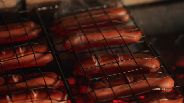 Rows of sausages searing on metal wire rack above glowing charcoal embers, showing active browning, char marks, bubbling juices, and glossy highlights under warm high contrast lighting for