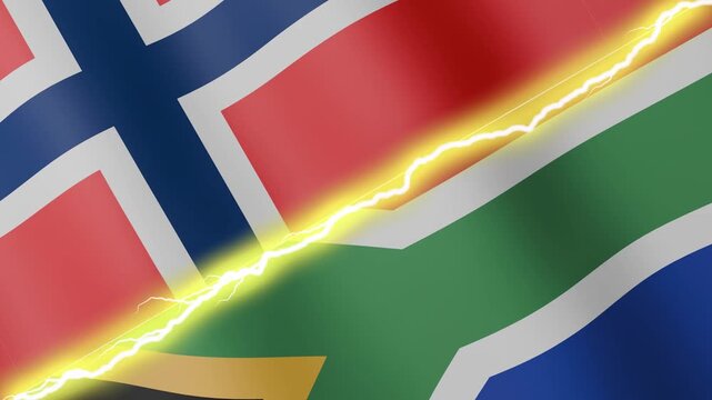 Two waving flags Norway and South Africa with diagonal lightning seamless, 4k loop