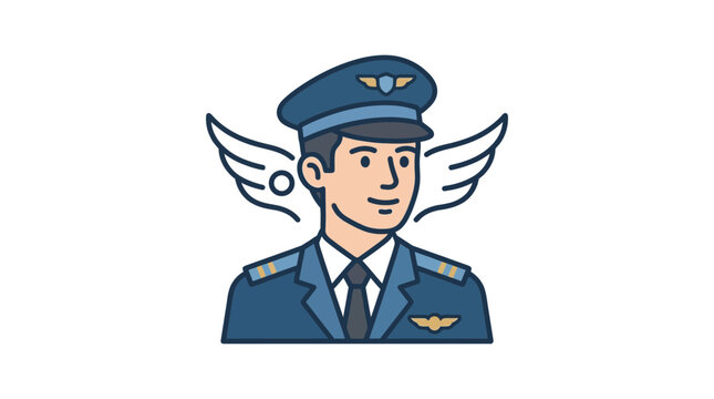 Airline pilot character with stylized wings icon.