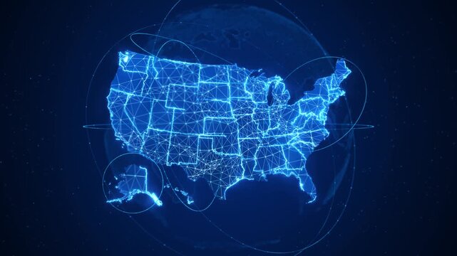 Futuristic America map linked by luminous routes digital globe behind it. worldwide connectivity, satellite services, , cloud infrastructure, logistics, commerce and network 19.