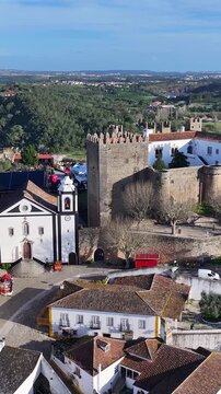 Obidos Village In Obidos Leiria Portugal. Aerial View Of Landmark Medieval Building In Downtown Scene. District Skyline. Cities Of The World. Obidos Leiria.
