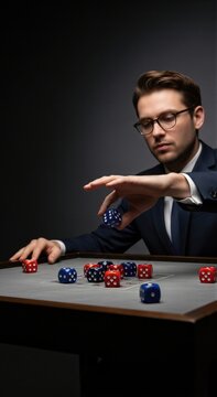 Man in suit rolling dice at casino table. Gambling decision and chance concept with copy space for betting, risk, strategy, winning or losing.