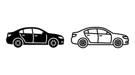 Fototapeta premium Modern sedan car side profile silhouette and outline vector icon set with automobile