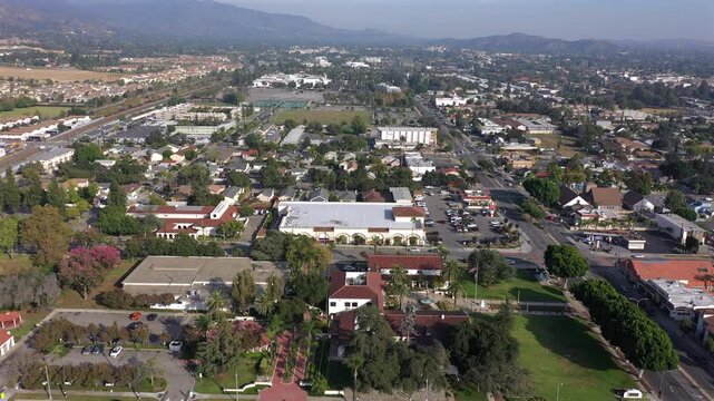 Afternoon aerial view of the buildings of downtown Azusa, California, USA.