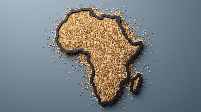 Concept for global hunger or rich harvest featuring an Africa map outline composed of tiny grains.