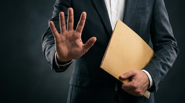 Business person setting a boundary with a firm refusal and stop hand signal.