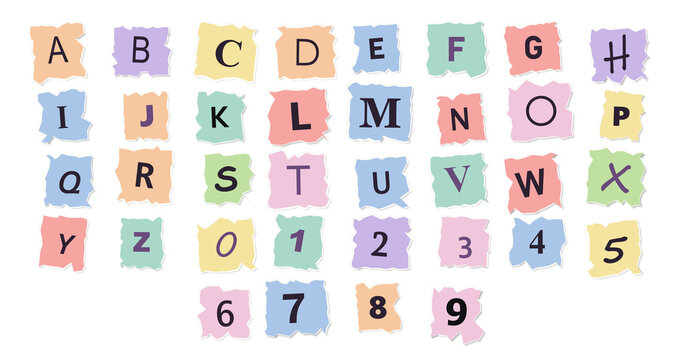 Black and multicolored uppercase letters, numbers, and symbols on a dark background, isolated on a, transparent background