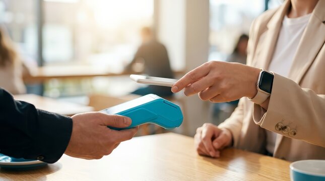 Hands performing a mobile tap transaction with a phone and POS machine for fintech services.
