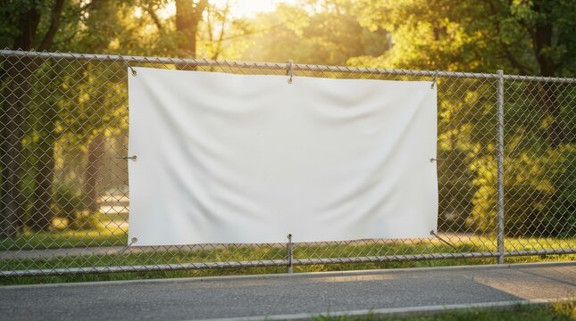 A white advertising banner on a metal fence with green trees and sunlight in the background.