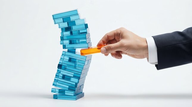 Concept of audit control and compliance gaps shown by a hand placing an orange block into a leaning glass tower.
