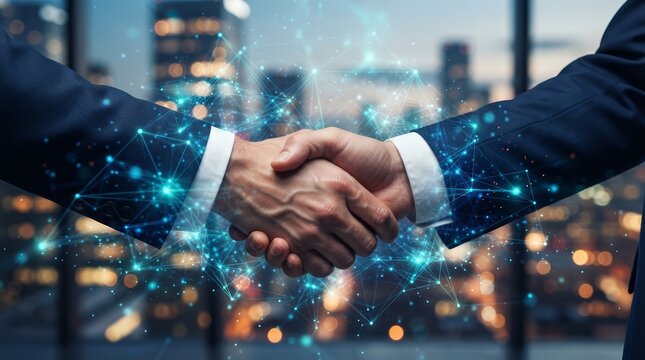 A close-up of a business handshake integrated with a futuristic digital network connection.