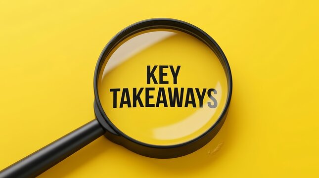 A magnifying glass focuses on key takeaways to analyze important information and findings.