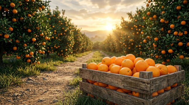 Golden sunrise light bathes orange trees heavy with fruit lining a rural dirt path.