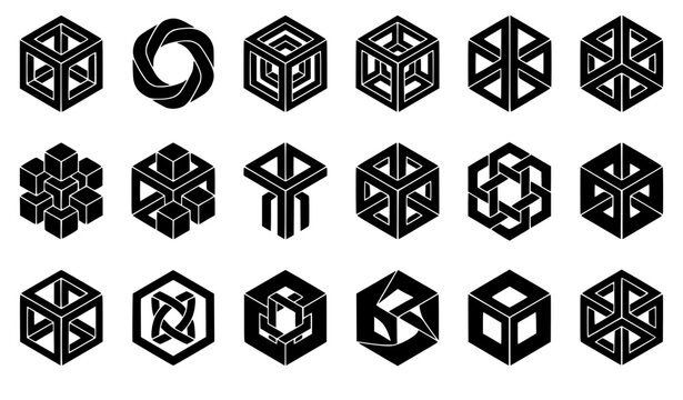 Impossible Geometric Hexagon Logo Set Minimal Black Vector Symbols