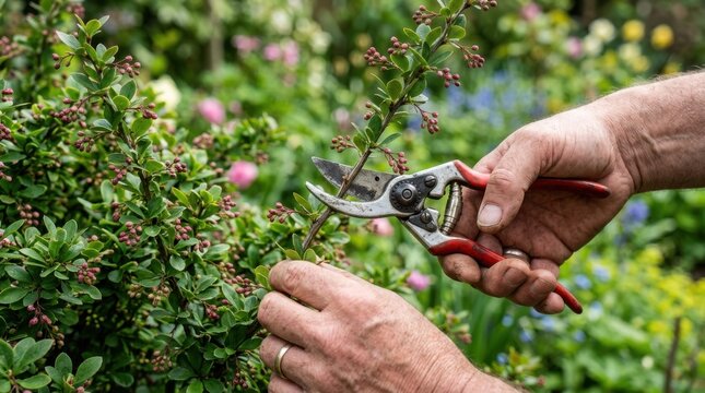 Hands carefully prune a green shrub with red handled pruning shears in a garden gardening hedge trimming horticulture landscaping