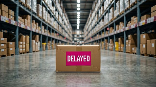 Logistics and supply chain delay concept with a cardboard box in a large warehouse.