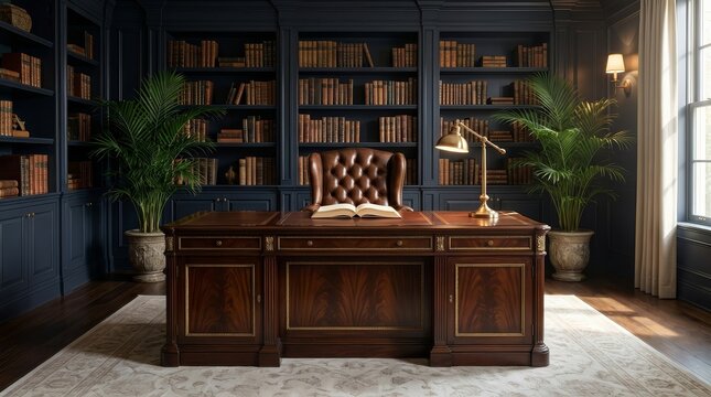 Elegant home office with floor to ceiling bookshelves filled with old books.