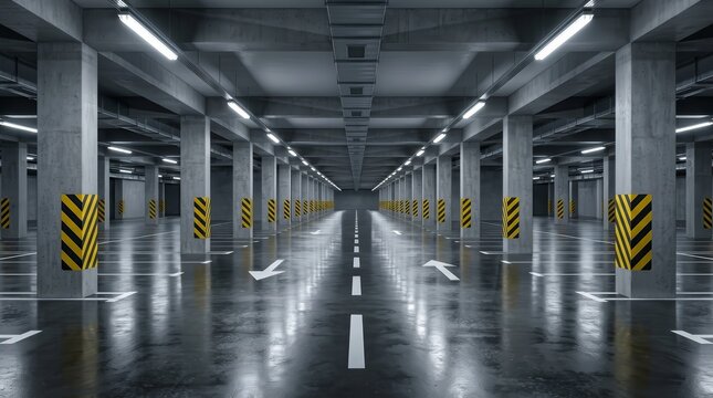 Rows of marked spaces and directional arrows in a clean, wet parking garage.