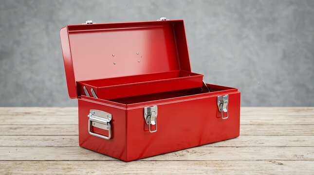 Sturdy red metal container with silver latches sitting open on a wood table.