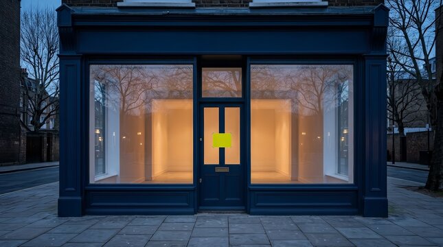 Large windows of an empty shopfront with dark blue trim and interior warm light