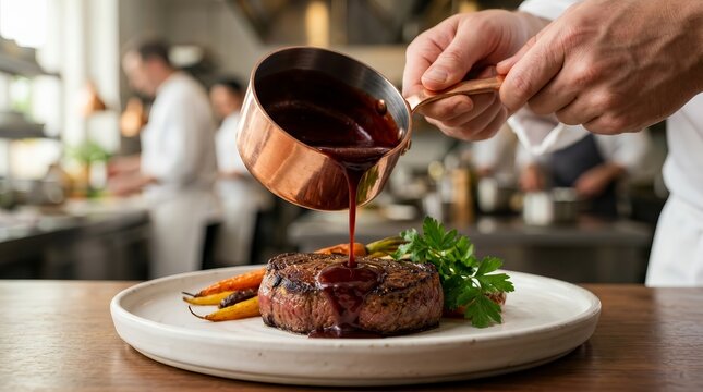Fine dining plating of a meat dish with garnish being served in a restaurant kitchen.