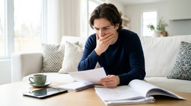 A worried man sitting on a couch thinking about financial mistakes and bills.