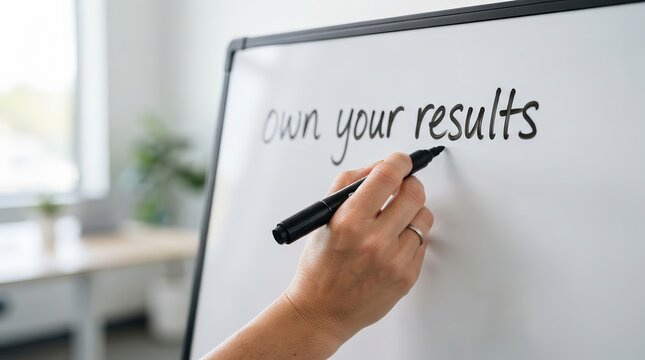 Person writing own your results message on a whiteboard for personal accountability.