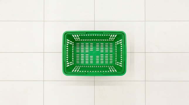 Top view of a vacant green plastic shopping basket in a supermarket.