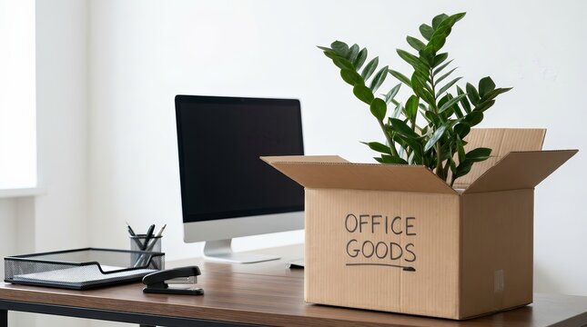 Cardboard box with a green plant on a desk near a computer monitor during an office move.