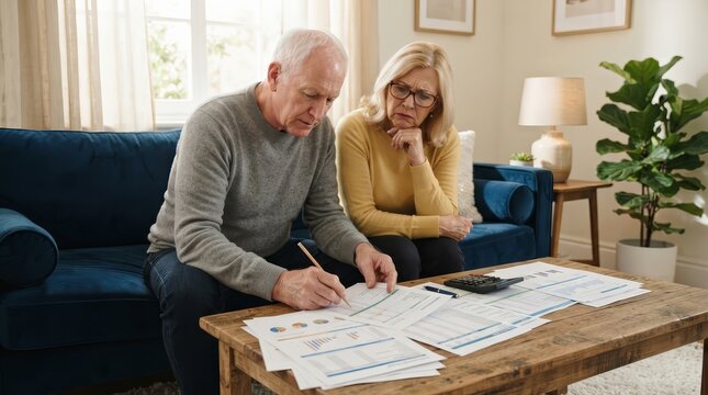 A man and woman signing legal contracts and insurance policy paperwork in a living room.