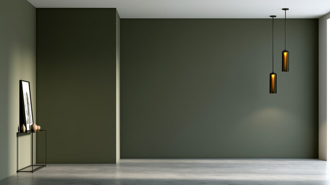 A wide angle view of a minimalist room. the main wall is painted a deep, matte olive grey, contrasting with a smooth, light grey concrete floor. Ai generat
